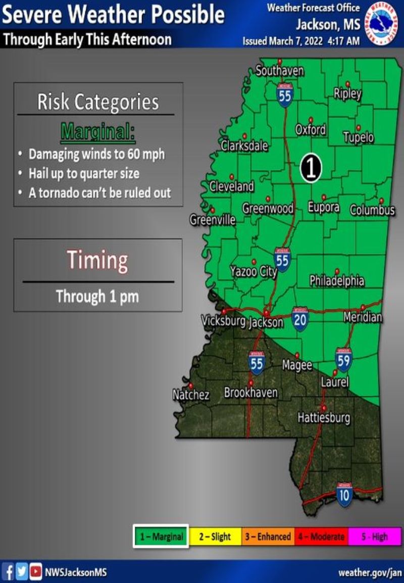 Severe Weather Possible Today Through Most of Mississippi