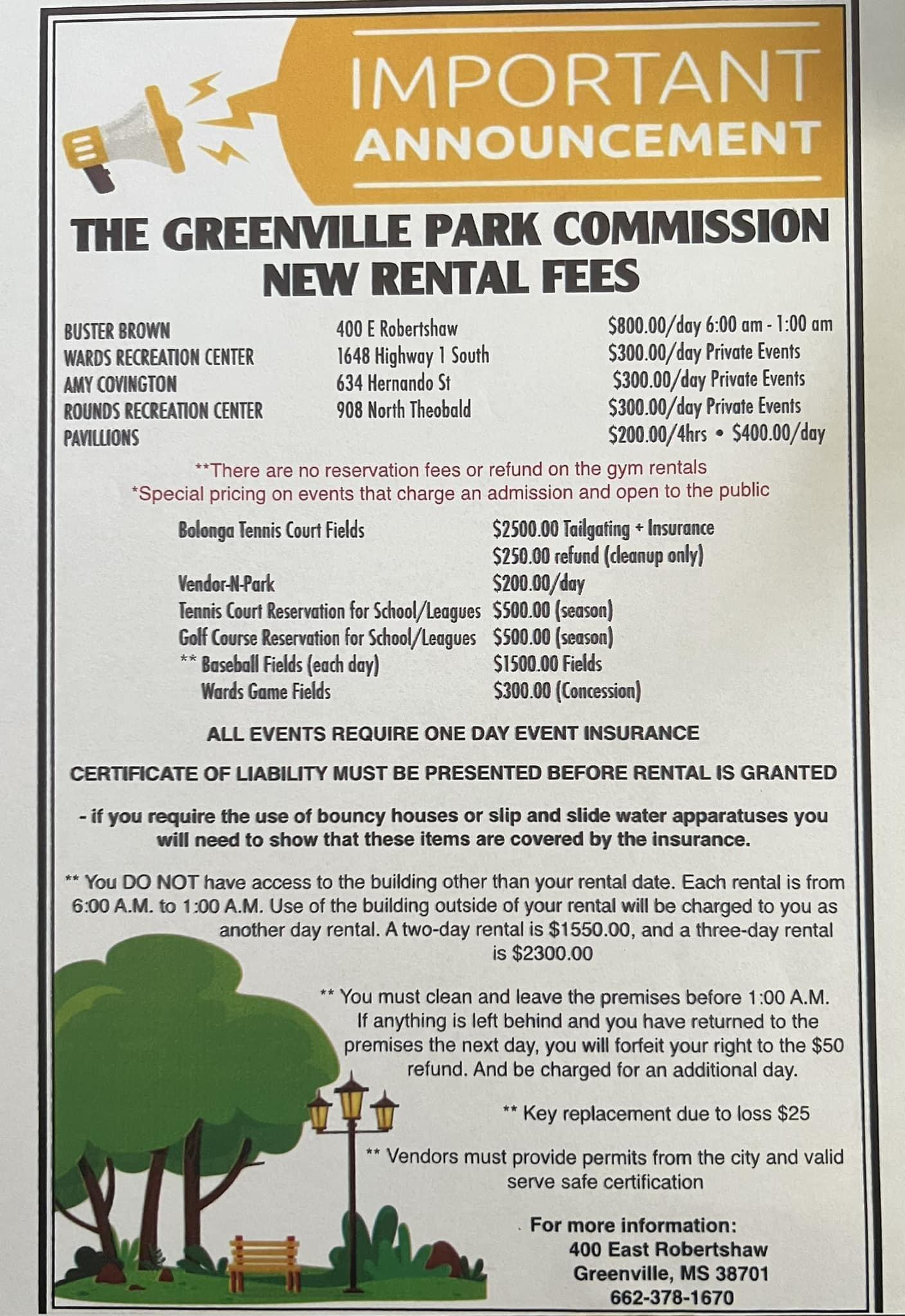 Greenville Park Commission Significantly Increases Rental Fees