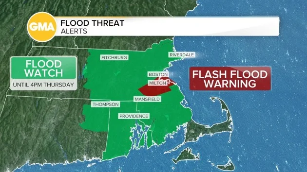 Heavy rain floods roads in Boston