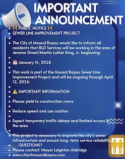 Mound Bayou Announces Sewer Line Improvement Project