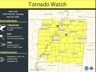 Tornado Watch Issued for Mississippi Delta, Mid-South Until 10 p.m.